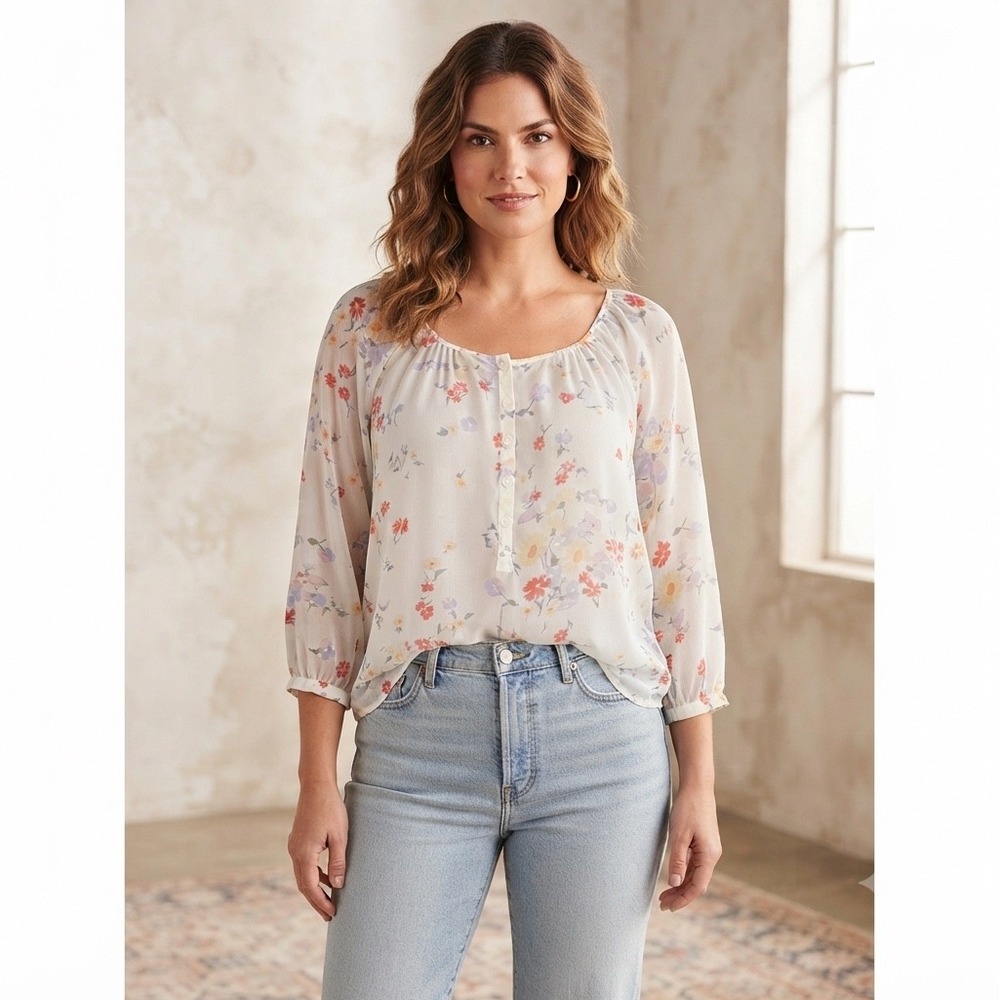LC Lauren Conrad Floral Print Blouse Top‎ Button Up Semi Sheer White Size M